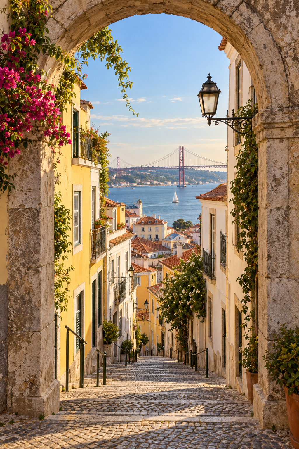 Sunlit Lisbon street opening toward the Tagus River